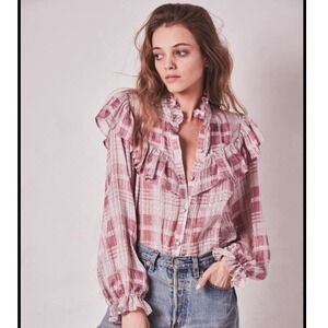 LoveShackFancy Erica Pink Plaid 100% Silk Ruffle Prairie Blouse Cottagecore S